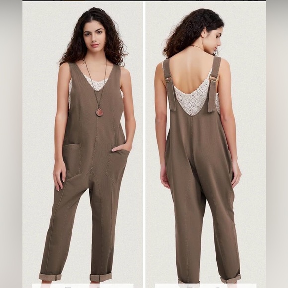 EXLURA JP052 Womens Brown Sleeveless Jumpsuit Wide Leg Casual Pockets Size L - Picture 12 of 12